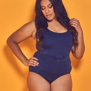 Wolf & Whistle Navy Belted Plunge Swimsuit Curve size 14